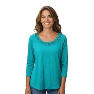Talbots SZ X (14) Teal Green 3/4 Sleeves T Shirt.‎ Travel. Decorative braided.
